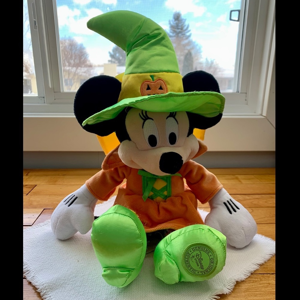 Minnie Mouse Witch Plush Disney Store Orange Dress Green Hat Halloween Pumpkin